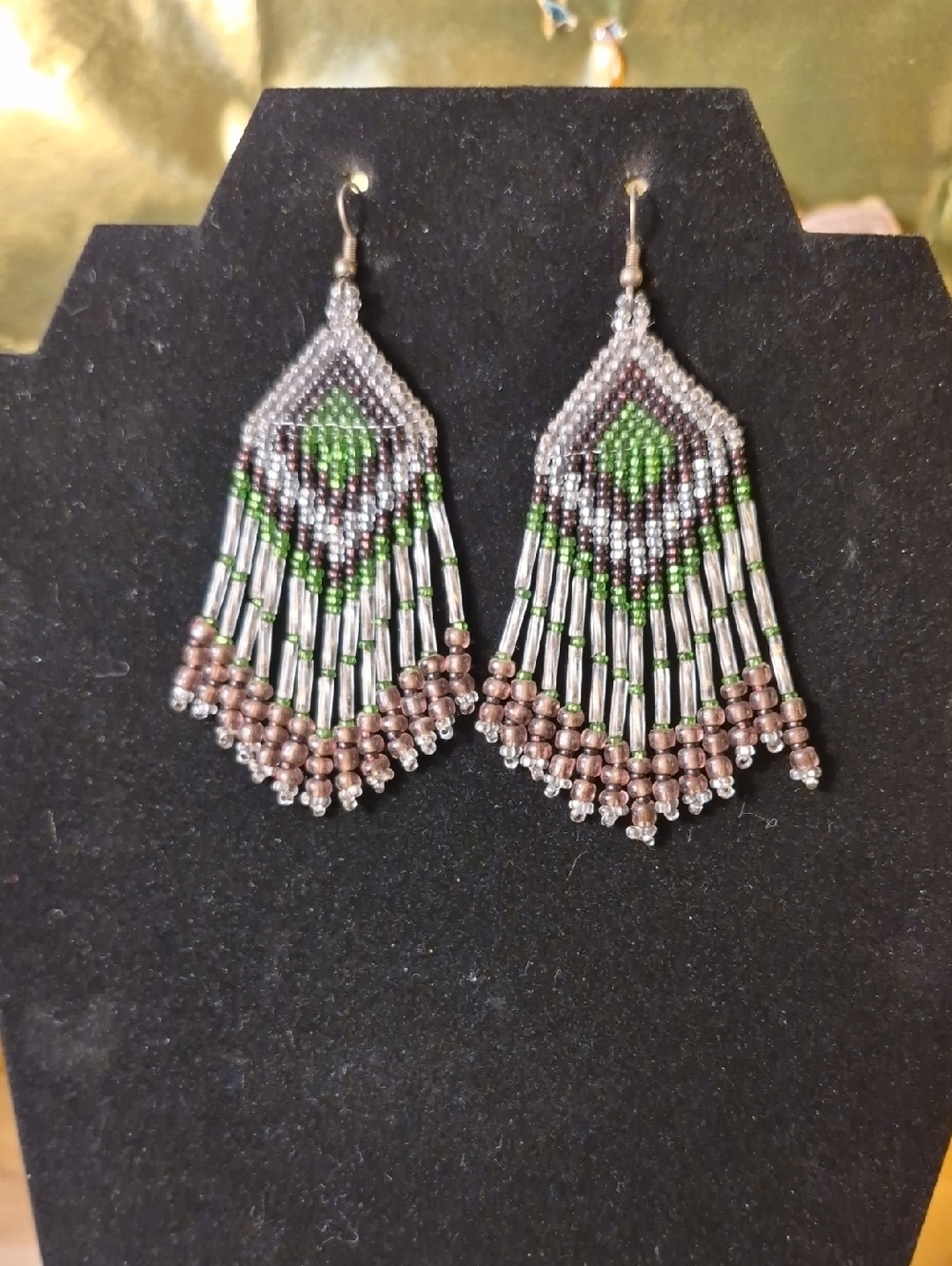 Handwoven Green and Bronze Seed Bead Fringe Earrings
